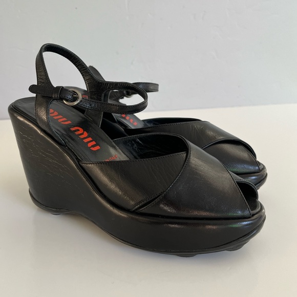 Miu Miu Shoes - Auth VTG MIU MIU Black Leather Wedges